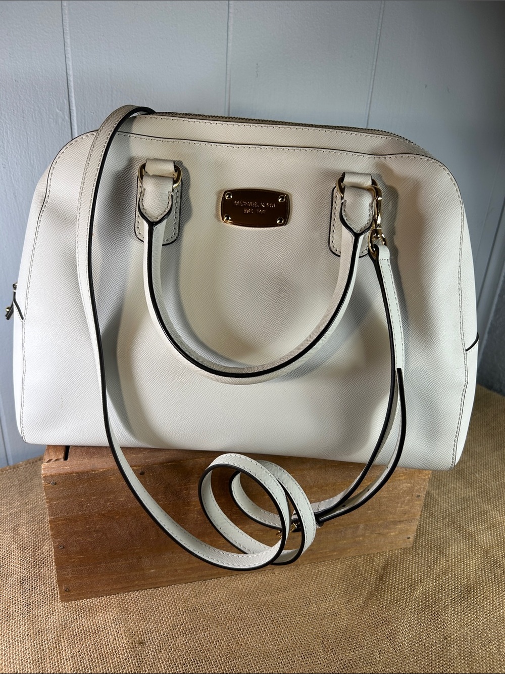 Michael Kors White Saffiano Dome Satchel with Gold Plaque